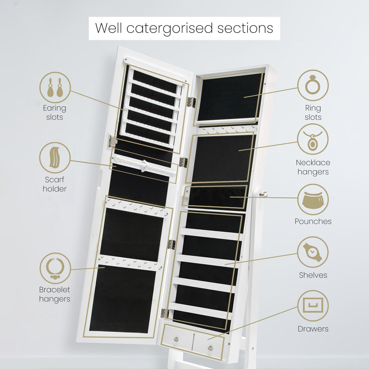 Mirror Jewellery Cabinet Organiser 2 Drawers LOWE 146cm WHITE - Glam Warehouse