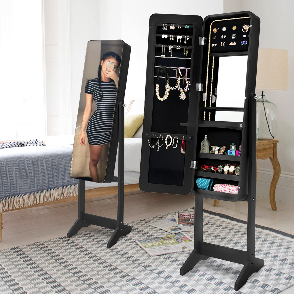 Mirror Jewellery Cabinet Organiser LED 146cm BLACK - Glam Warehouse