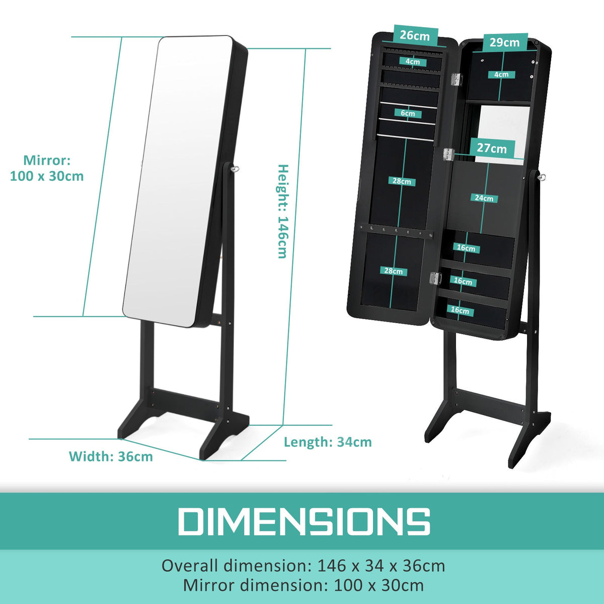 Mirror Jewellery Cabinet Organiser LED 146cm BLACK - Glam Warehouse