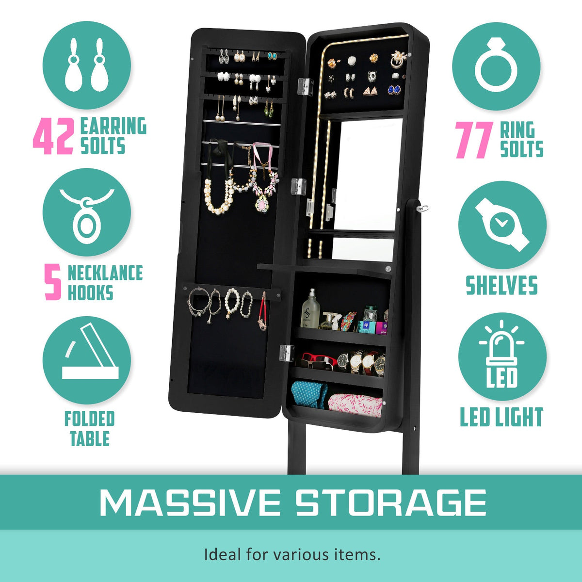 Mirror Jewellery Cabinet Organiser LED 146cm BLACK - Glam Warehouse