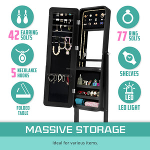 Mirror Jewellery Cabinet Organiser LED 146cm BLACK - Glam Warehouse