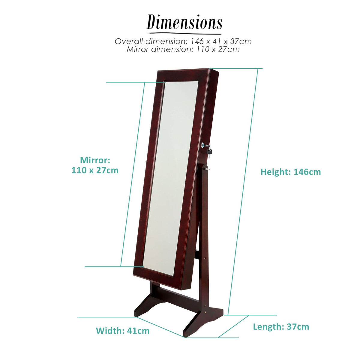 Mirror Jewellery Cabinet Storage Organiser LUVO 146cm WALNUT - Glam Warehouse