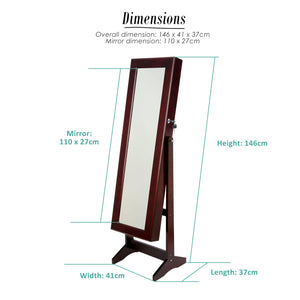 Mirror Jewellery Cabinet Storage Organiser LUVO 146cm WALNUT - Glam Warehouse