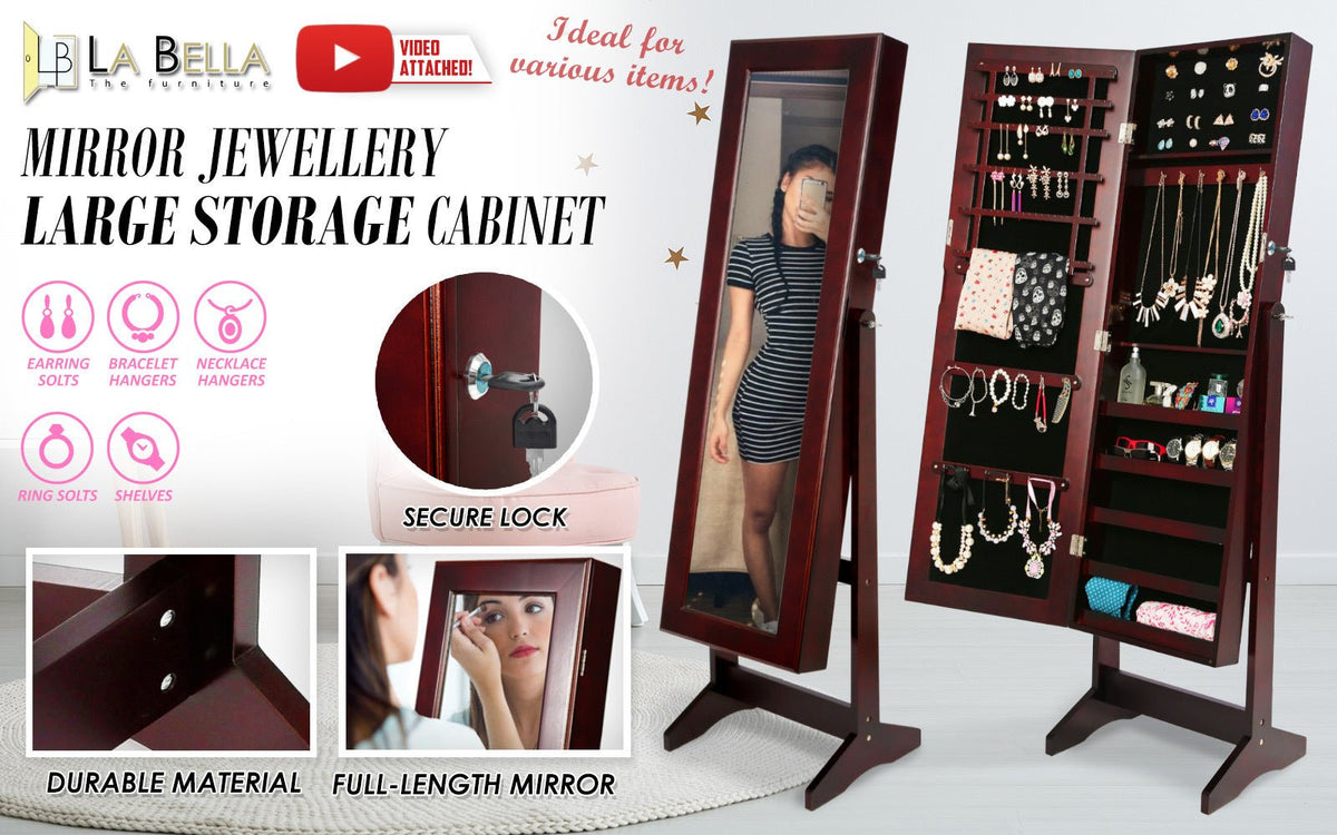 Mirror Jewellery Cabinet Storage Organiser LUVO 146cm WALNUT - Glam Warehouse