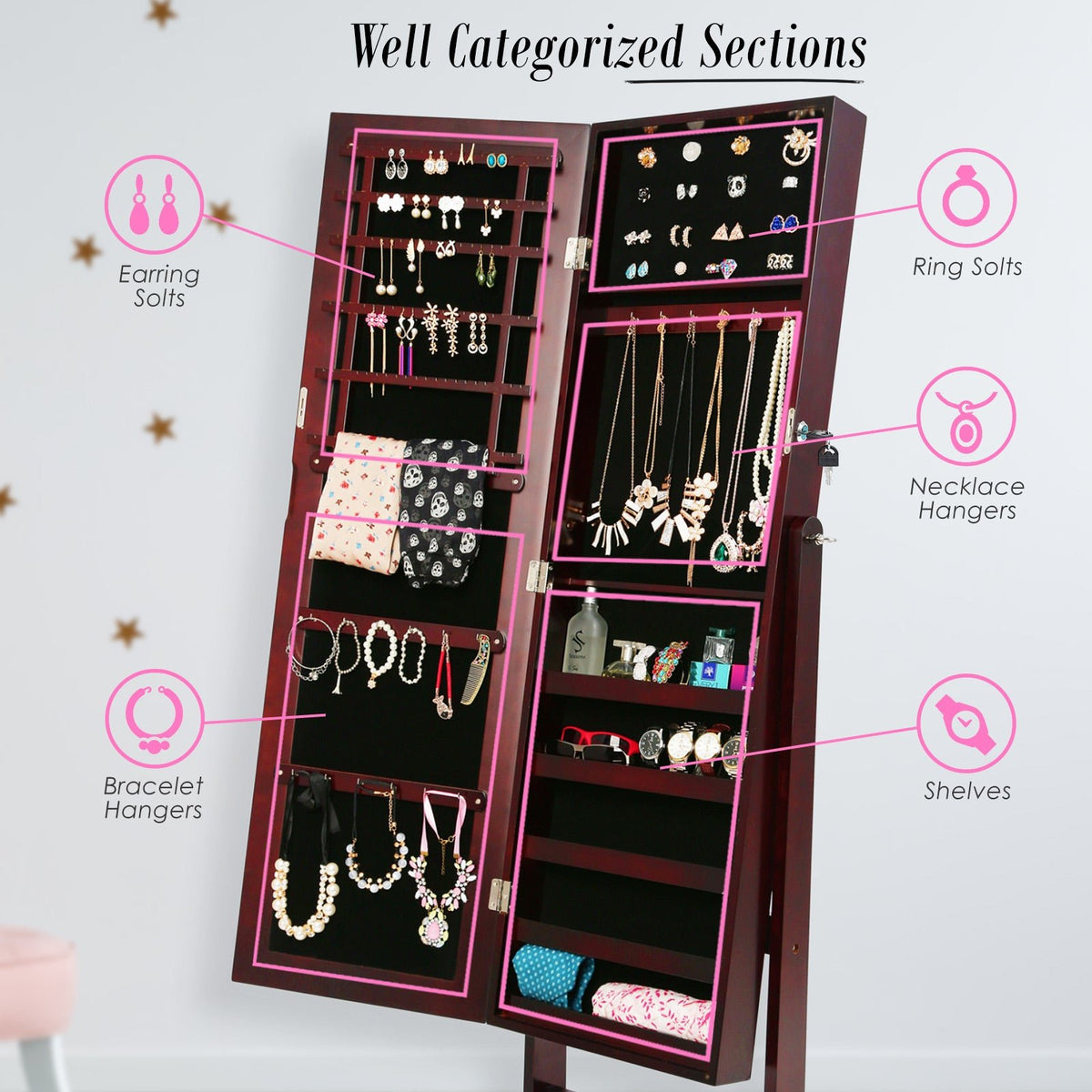 Mirror Jewellery Cabinet Storage Organiser LUVO 146cm WALNUT - Glam Warehouse