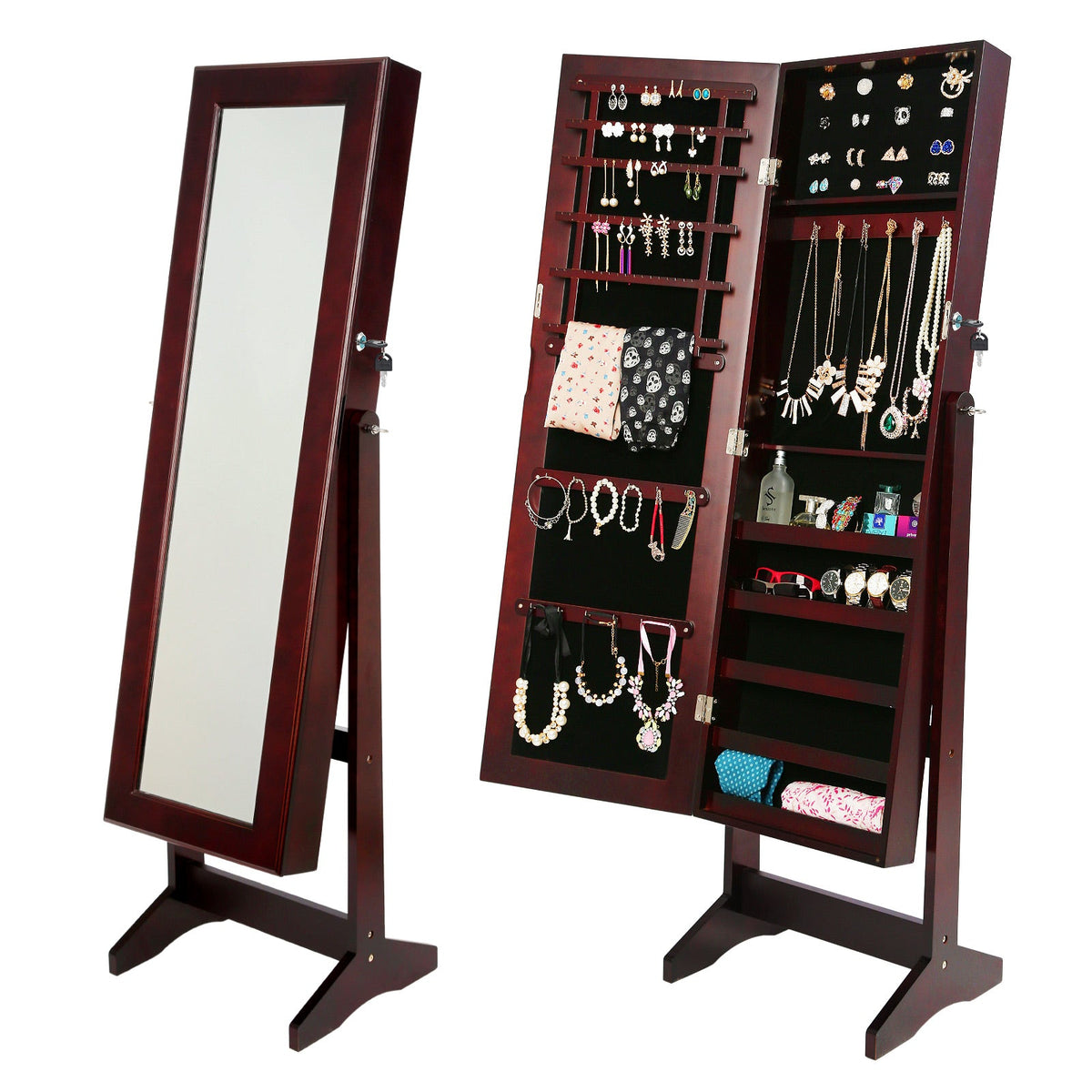 Mirror Jewellery Cabinet Storage Organiser LUVO 146cm WALNUT - Glam Warehouse