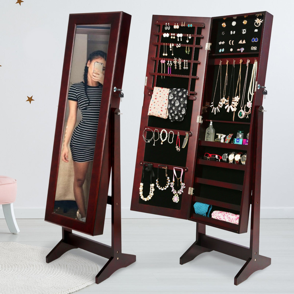 Mirror Jewellery Cabinet Storage Organiser LUVO 146cm WALNUT - Glam Warehouse