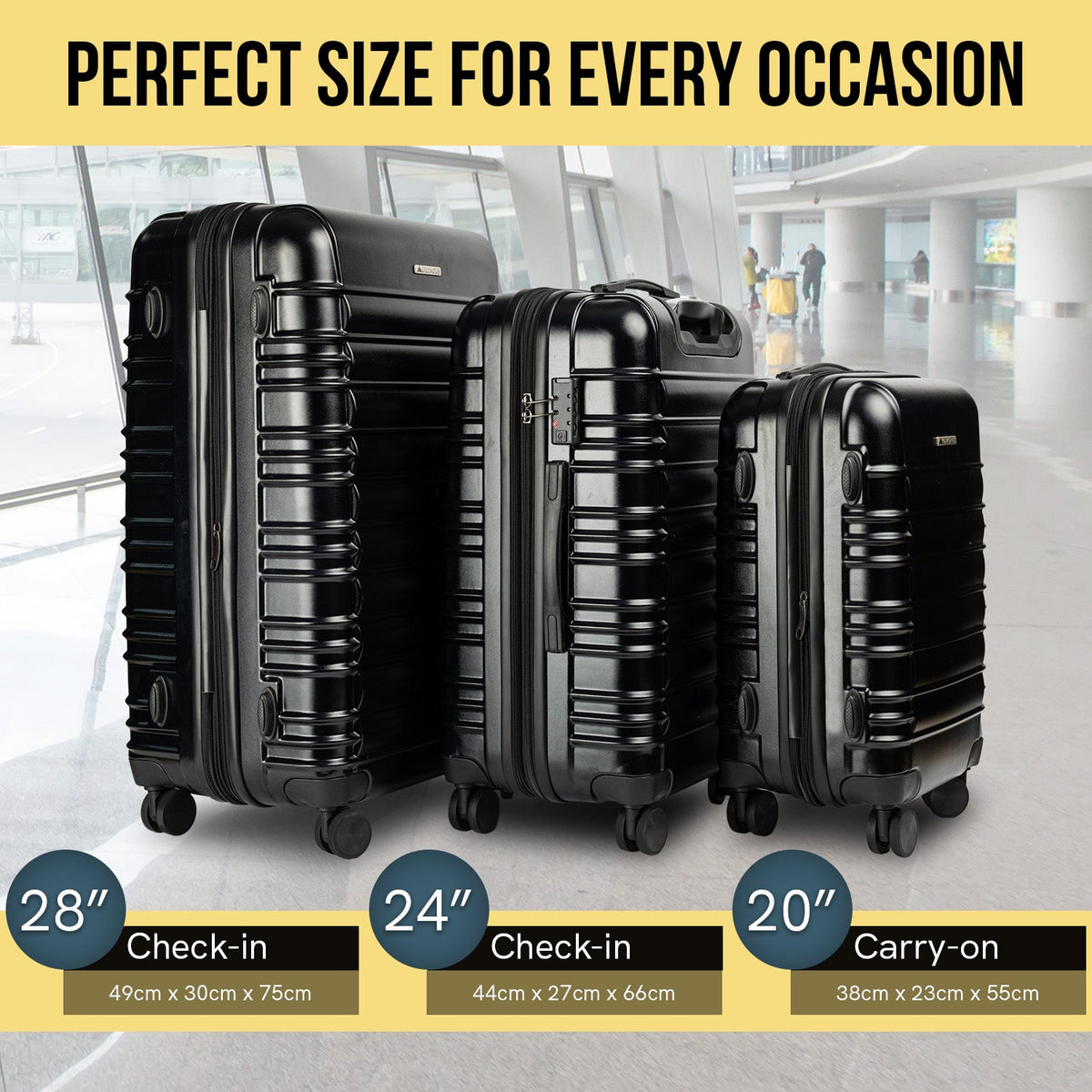 Olympus Noctis 3PC Luggage Set Hard Shell ABS+PC - Stygian Black - Glam Warehouse