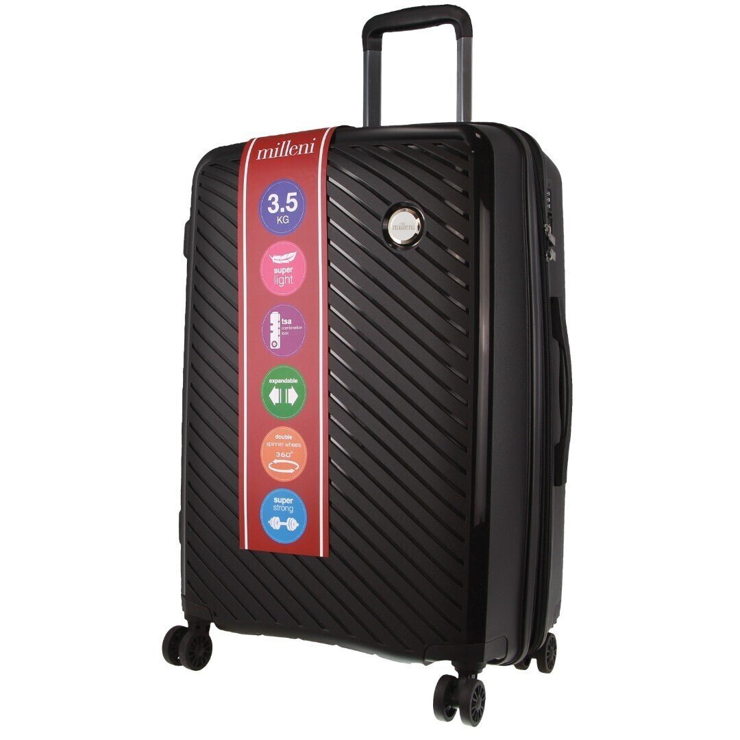 Pierre Cardin Inspired Milleni Checked Luggage Bag Travel Carry On Suitcase 65cm (82.5L) - Black - Glam Warehouse