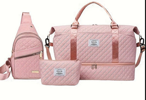 Pink Chic 3-Piece Quilted Travel Bag Set - Duffel, Crossbody Sling & Toiletry Pouch - Large Capacity & Lightweight - Glam Warehouse