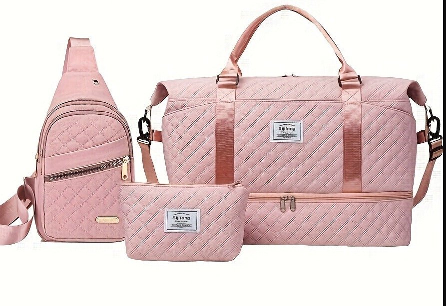 Pink Chic 3-Piece Quilted Travel Bag Set - Duffel, Crossbody Sling & Toiletry Pouch - Large Capacity & Lightweight - Glam Warehouse
