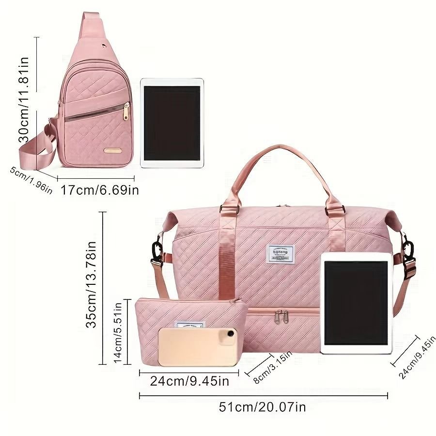 Pink Chic 3-Piece Quilted Travel Bag Set - Duffel, Crossbody Sling & Toiletry Pouch - Large Capacity & Lightweight - Glam Warehouse