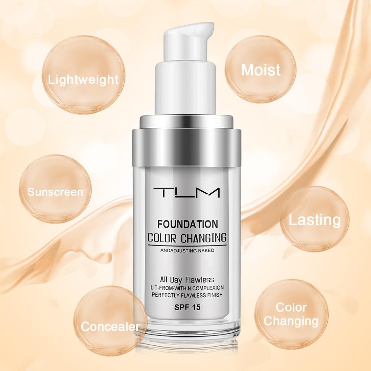 ReviGLam TLM Colour Changing Liquid Foundation Hides Wrinkles & Lines, BB Cream Makeup Base Concealer Cover Moisturizing Fluid for all Skin Tone SPF15, Pack of 1 - Glam Warehouse