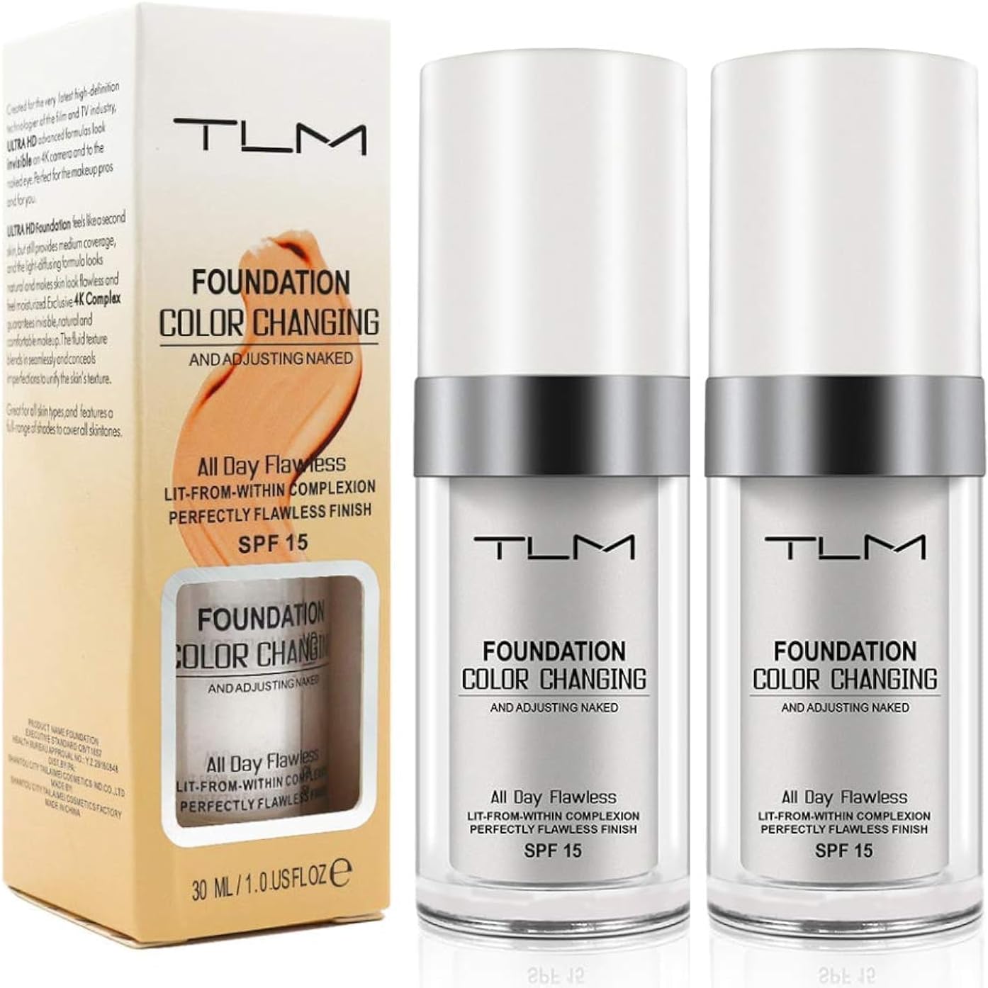 ReviGLam TLM Colour Changing Liquid Foundation Hides Wrinkles & Lines, BB Cream Makeup Base Concealer Cover Moisturizing Fluid for all Skin Tone SPF15, Pack of 2 - Glam Warehouse