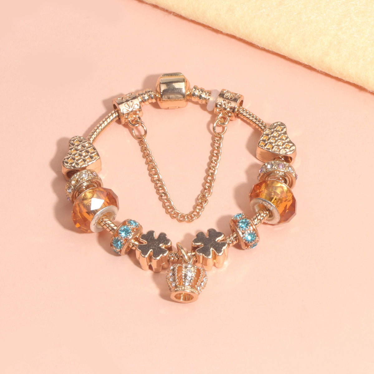 Rhinestone Gold Heart Glass Beaded Bracelet with Crown Pendant(17cm) - Glam Warehouse