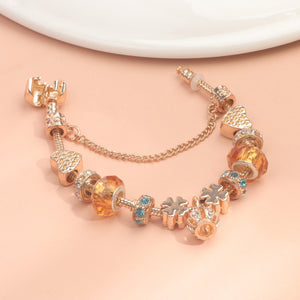Rhinestone Gold Heart Glass Beaded Bracelet with Crown Pendant(18cm) - Glam Warehouse