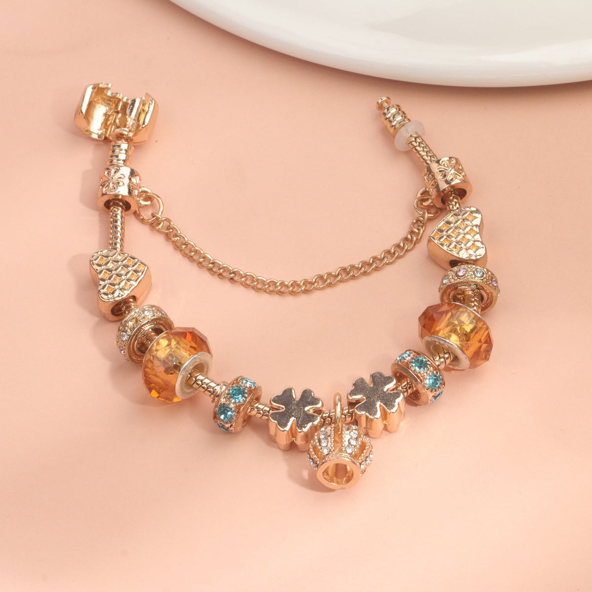 Rhinestone Gold Heart Glass Beaded Bracelet with Crown Pendant(18cm) - Glam Warehouse