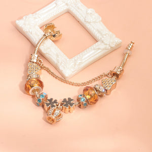 Rhinestone Gold Heart Glass Beaded Bracelet with Crown Pendant(18cm) - Glam Warehouse