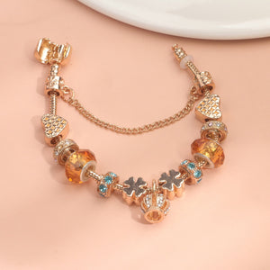 Rhinestone Gold Heart Glass Beaded Bracelet with Crown Pendant(20cm) - Glam Warehouse