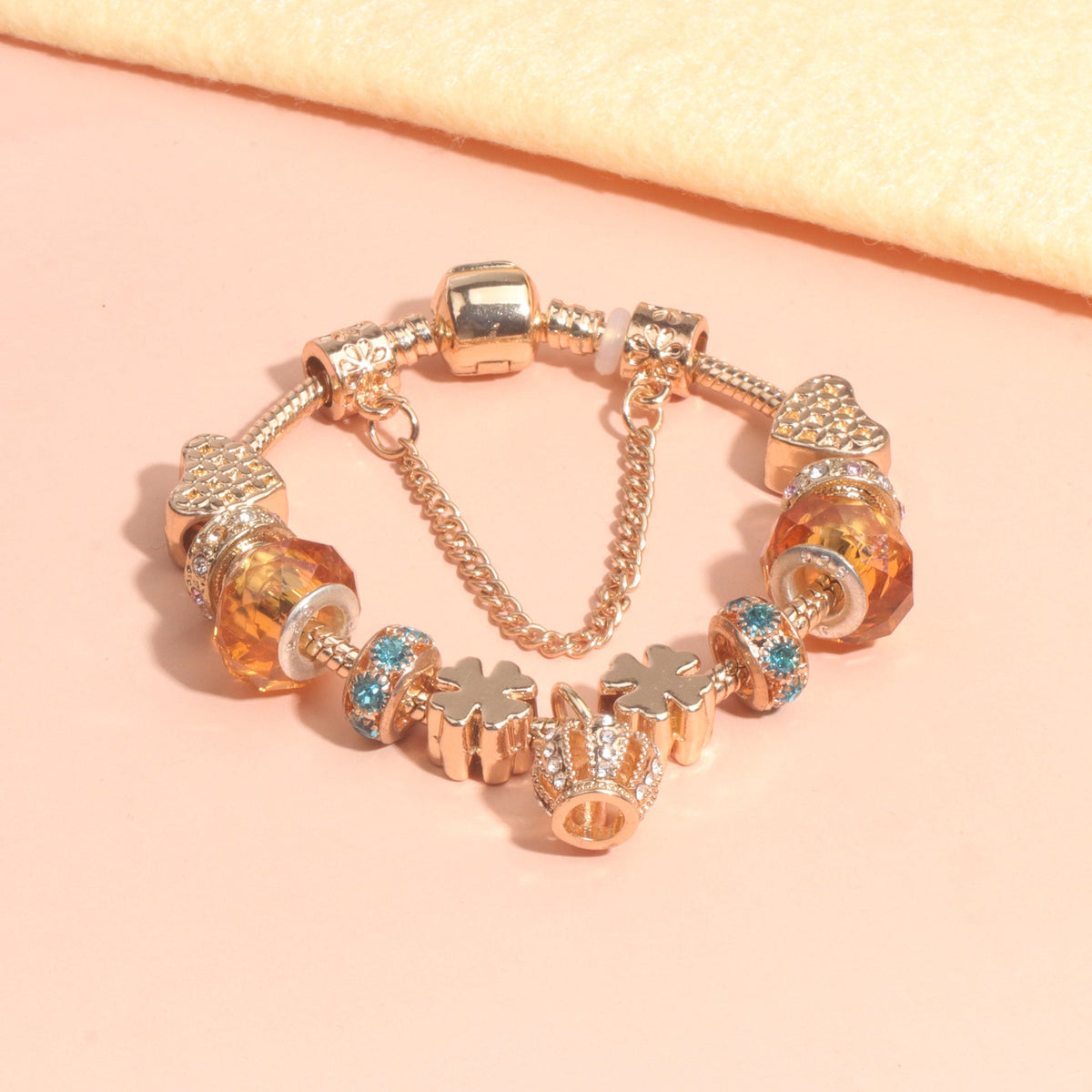 Rhinestone Gold Heart Glass Beaded Bracelet with Crown Pendant(20cm) - Glam Warehouse