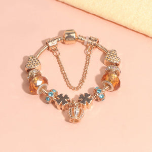 Rhinestone Gold Heart Glass Beaded Bracelet with Crown Pendant(20cm) - Glam Warehouse