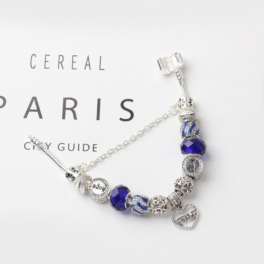 Romantic Love Heart Pendant Bracelet with Rhinestones, Glass Beads(18cm) - Glam Warehouse
