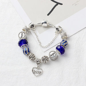 Romantic Love Heart Pendant Bracelet with Rhinestones, Glass Beads(18cm) - Glam Warehouse