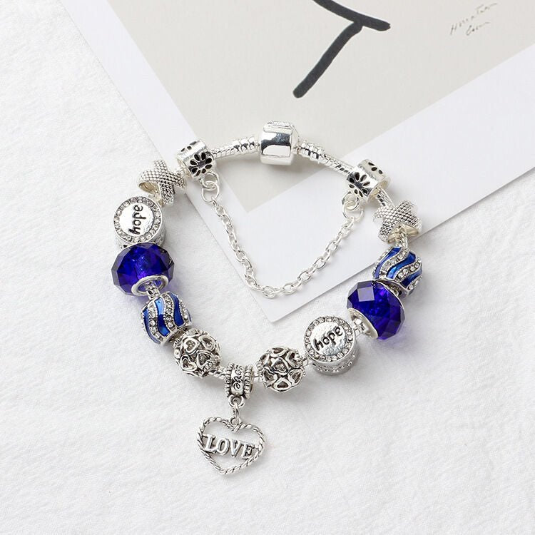 Romantic Love Heart Pendant Bracelet with Rhinestones, Glass Beads(18cm) - Glam Warehouse