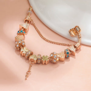 Rose Gold DIY Charm Bracelet with Crystal Heart, Clover & Key Pendant, Romantic Beaded Bracelet(19cm) - Glam Warehouse