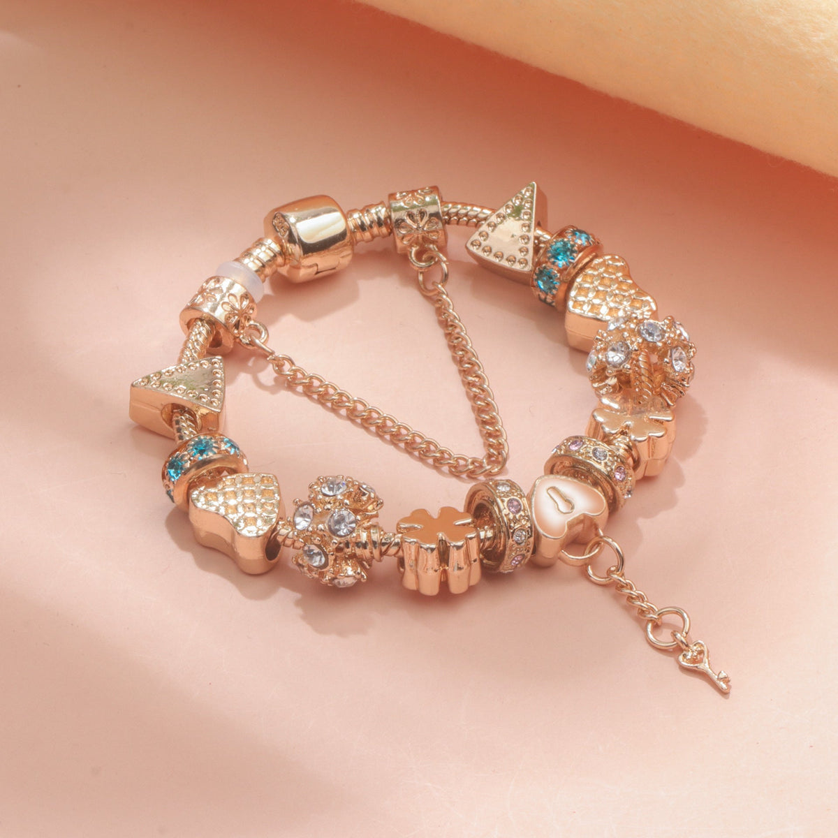 Rose Gold DIY Charm Bracelet with Crystal Heart, Clover & Key Pendant, Romantic Beaded Bracelet(19cm) - Glam Warehouse