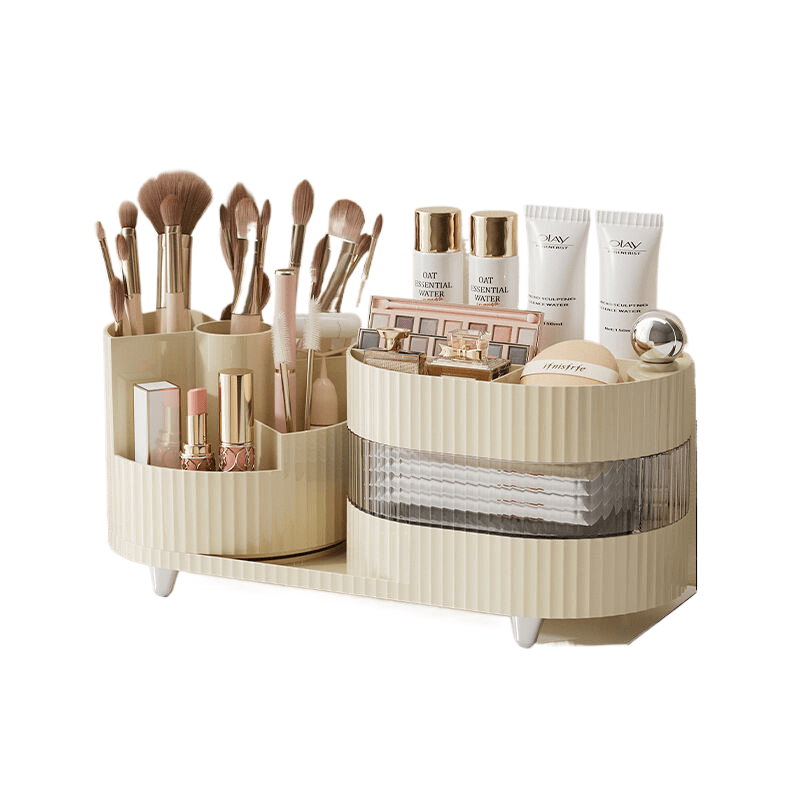 Rotating cosmetics storage box with three layers of cream white - Glam Warehouse