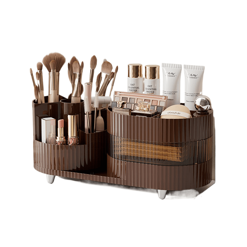 Rotating cosmetics storage box with three layers of milk tea brown - Glam Warehouse