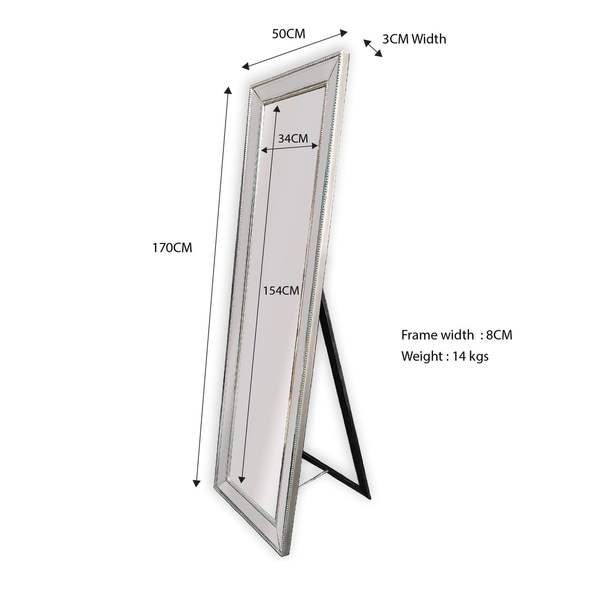 Silver Beaded Framed Mirror - Free Standing 50cm x 170cm - Glam Warehouse