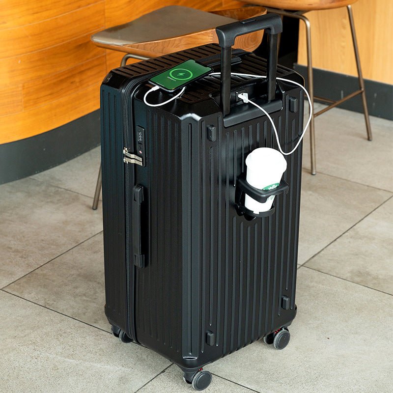 Smart Hard-Shell Luggage with USB Charging Port & Cup Holder - 20"Spinner Suitcase in Back - Glam Warehouse