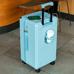 Smart Hard-Shell Luggage with USB Charging Port & Cup Holder - 20"Spinner Suitcase in Blue - Glam Warehouse