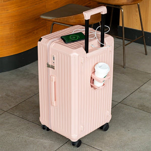 Smart Hard-Shell Luggage with USB Charging Port & Cup Holder - 20"Spinner Suitcase in Pink - Glam Warehouse
