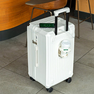 Smart Hard-Shell Luggage with USB Charging Port & Cup Holder - 20"Spinner Suitcase in White - Glam Warehouse