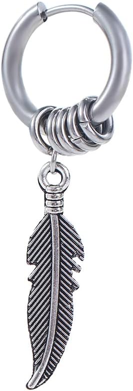 Stainless Steel Feather Design Hoop Earrings, Punk Rock Style Earrings Jewelry, Vintage Leaf Alloy Silver - Glam Warehouse