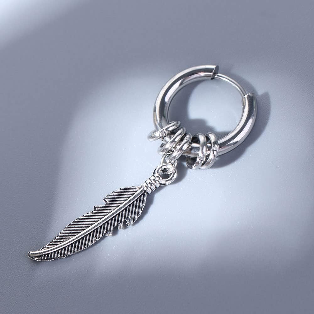 Stainless Steel Feather Design Hoop Earrings, Punk Rock Style Earrings Jewelry, Vintage Leaf Alloy Silver - Glam Warehouse