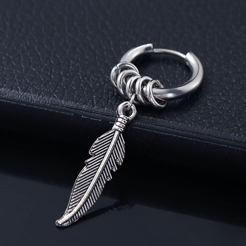 Stainless Steel Feather Design Hoop Earrings, Punk Rock Style Earrings Jewelry, Vintage Leaf Alloy Silver - Glam Warehouse