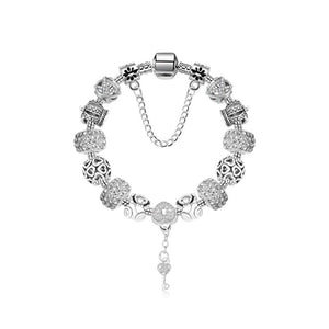 Stunning Rhinestone Charm Bracelet: Hollow Heart Beads + Crown Charms + Happy Key-Lock Pendant | Silver(19cm) - Glam Warehouse