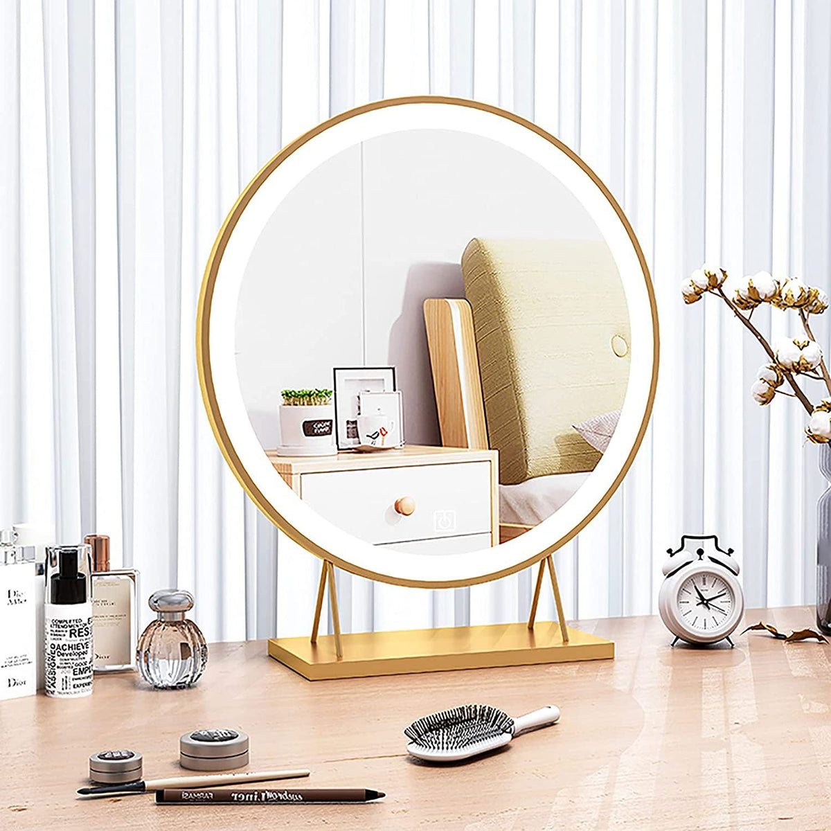 Touch Screen Table Desktop LED Light Vanity Mirror Makeup Mirror Round Mirror 40cm - Glam Warehouse
