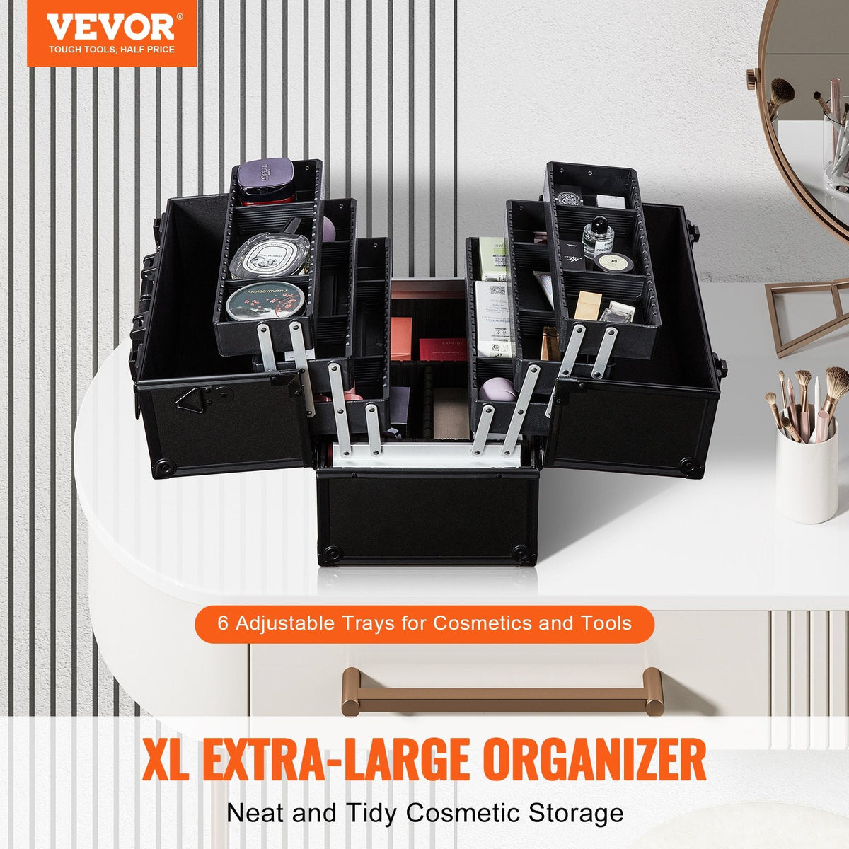 VEVOR Makeup Train Case 370MM Large Portable Cosmetic Case, 6 Tier Trays Professional Makeup Storage Organizer Box Make Up Carrier with Handle And Strap Travel Case for Women and Girls - Black - Glam Warehouse