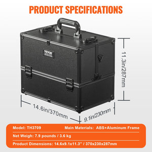 VEVOR Makeup Train Case 370MM Large Portable Cosmetic Case, 6 Tier Trays Professional Makeup Storage Organizer Box Make Up Carrier with Handle And Strap Travel Case for Women and Girls - Black - Glam Warehouse