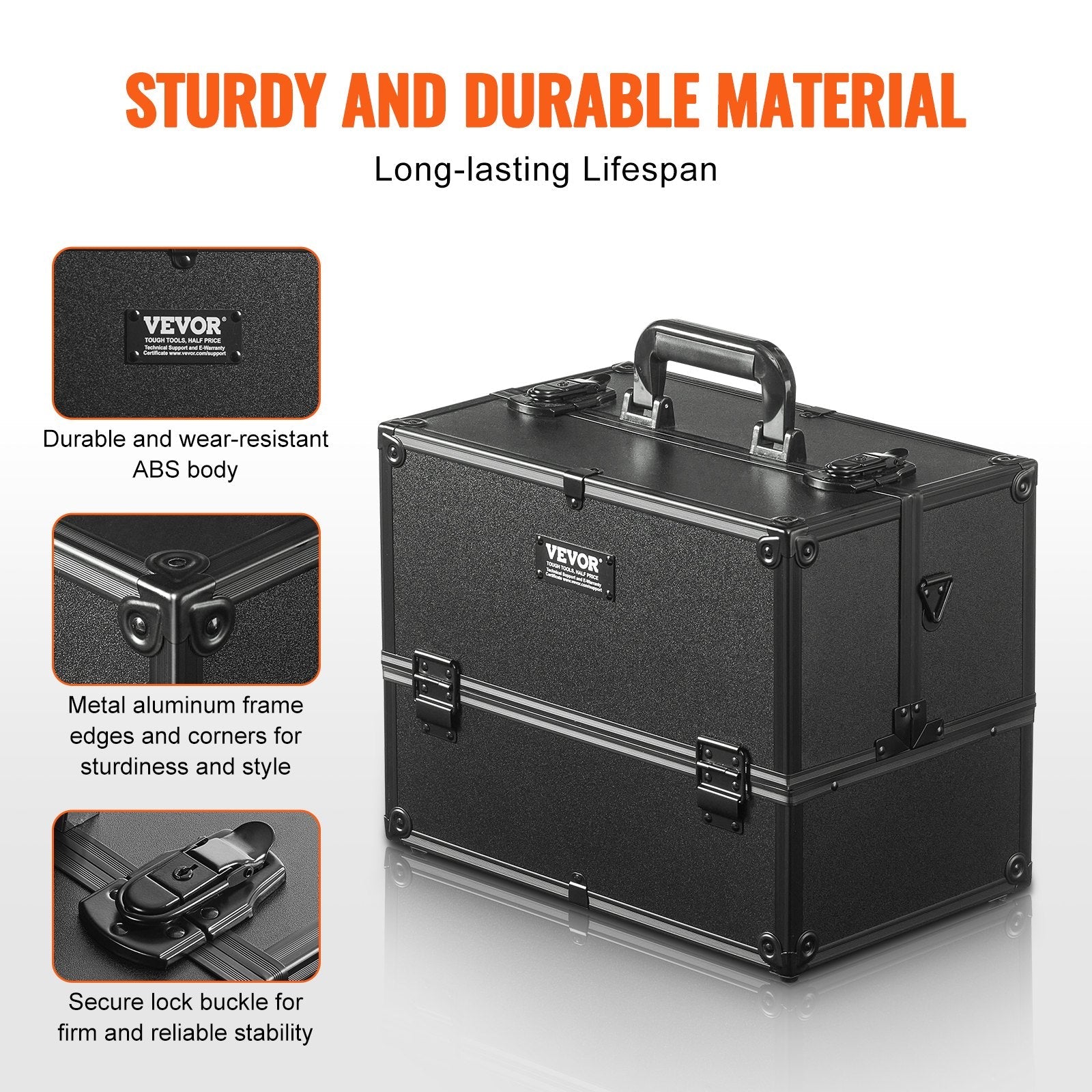 VEVOR Makeup Train Case 370MM Large Portable Cosmetic Case, 6 Tier Trays Professional Makeup Storage Organizer Box Make Up Carrier with Handle And Strap Travel Case for Women and Girls - Black - Glam Warehouse