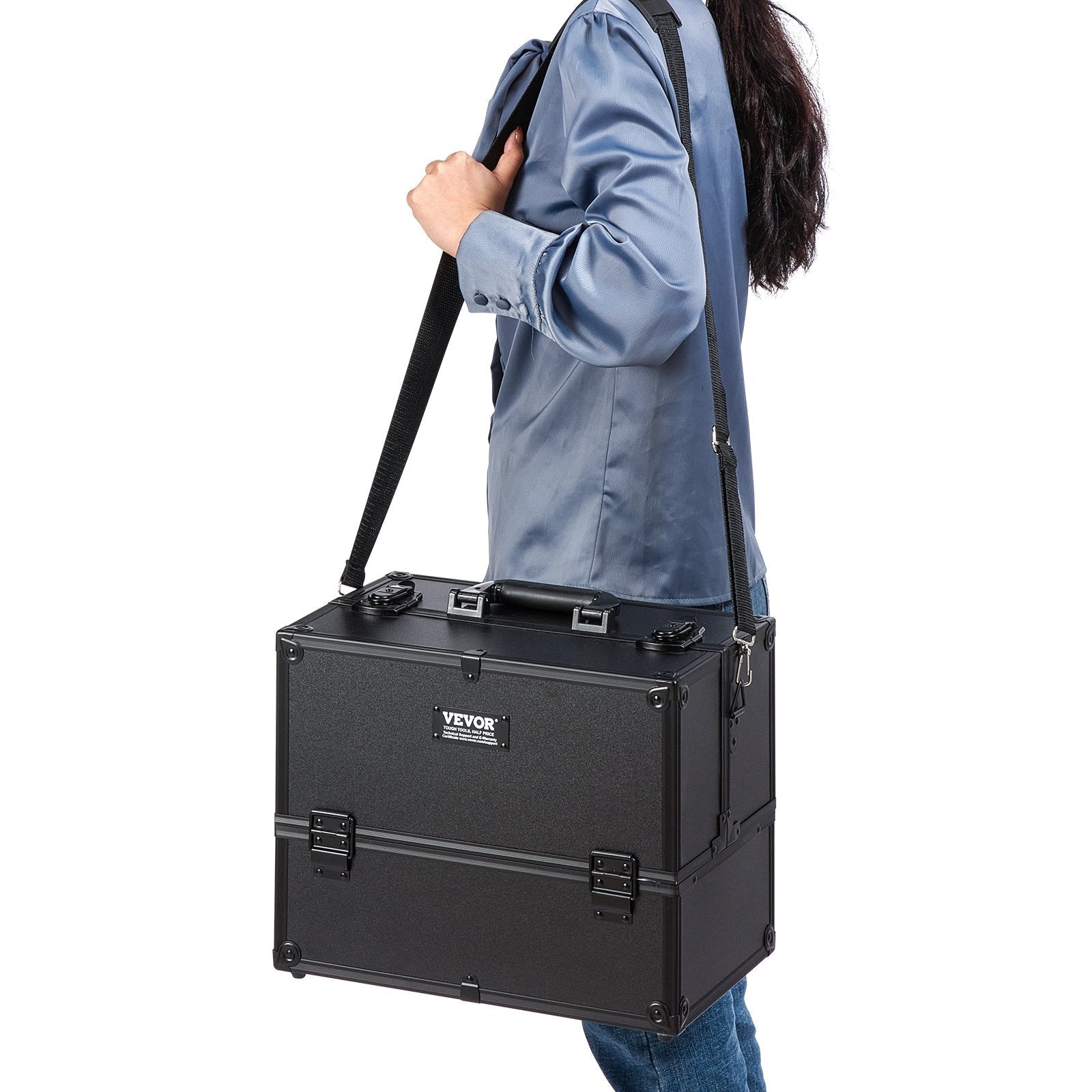 VEVOR Makeup Train Case 370MM Large Portable Cosmetic Case, 6 Tier Trays Professional Makeup Storage Organizer Box Make Up Carrier with Handle And Strap Travel Case for Women and Girls - Black - Glam Warehouse