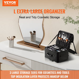 VEVOR Rolling Makeup Train Case Large Storage 3 Tiers, Convenient Carry With Handle, Wheels, Strap, Professional Makeup Storage Organizer Box Make Up Carrier Waterproof Oxford, Black - Glam Warehouse