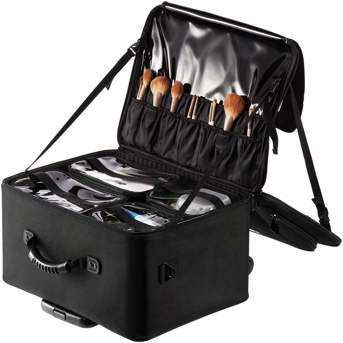 VEVOR Rolling Makeup Train Case Large Storage 3 Tiers, Convenient Carry With Handle, Wheels, Strap, Professional Makeup Storage Organizer Box Make Up Carrier Waterproof Oxford, Black - Glam Warehouse