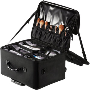 VEVOR Rolling Makeup Train Case Large Storage 3 Tiers, Convenient Carry With Handle, Wheels, Strap, Professional Makeup Storage Organizer Box Make Up Carrier Waterproof Oxford, Black - Glam Warehouse