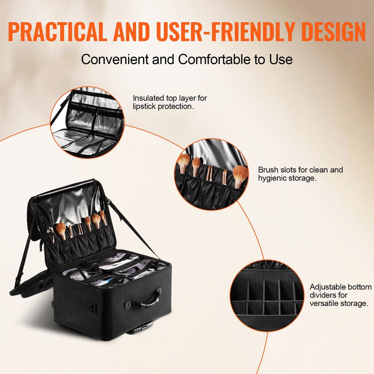 VEVOR Rolling Makeup Train Case Large Storage 3 Tiers, Convenient Carry With Handle, Wheels, Strap, Professional Makeup Storage Organizer Box Make Up Carrier Waterproof Oxford, Black - Glam Warehouse